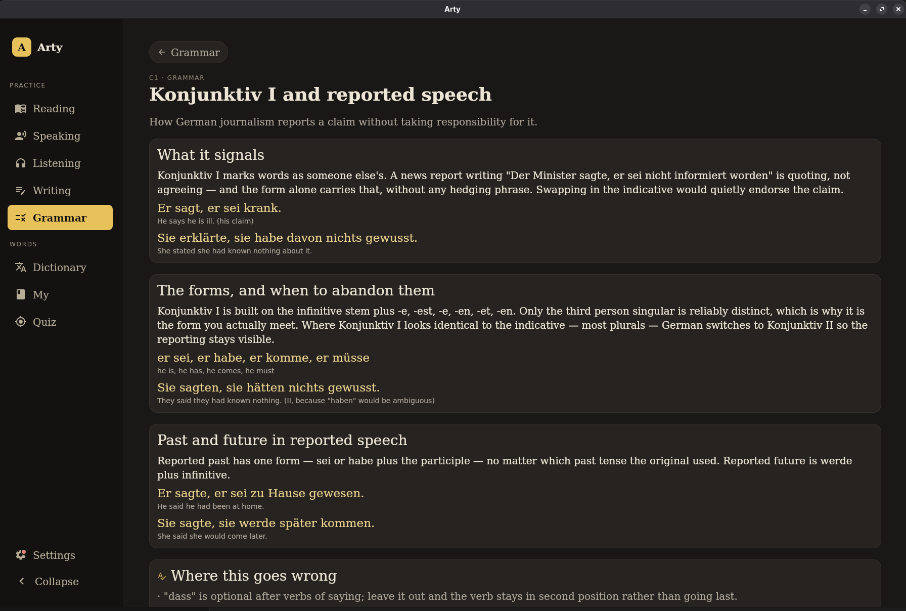 A grammar lesson on Konjunktiv I, with glossed examples