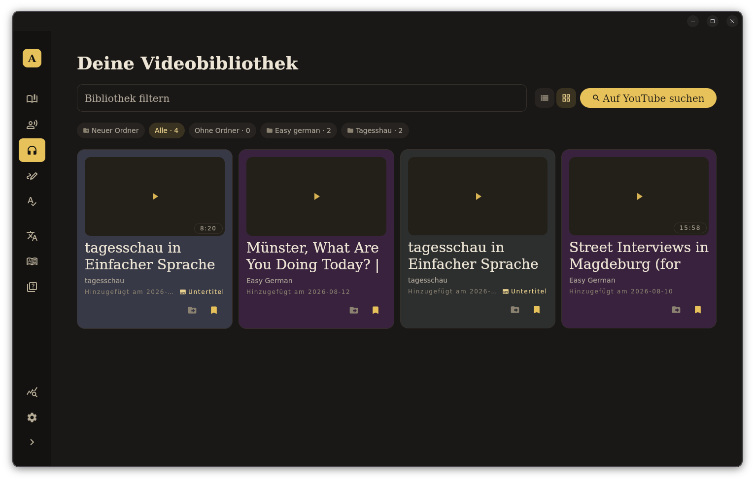 The video library, with videos sorted into folders and marked where subtitles exist