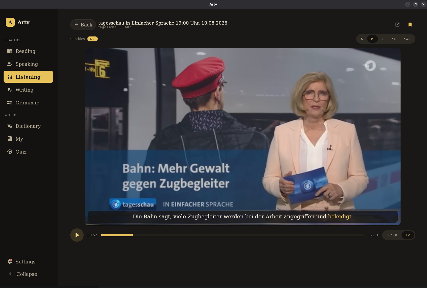 A video playing with clickable German subtitles
