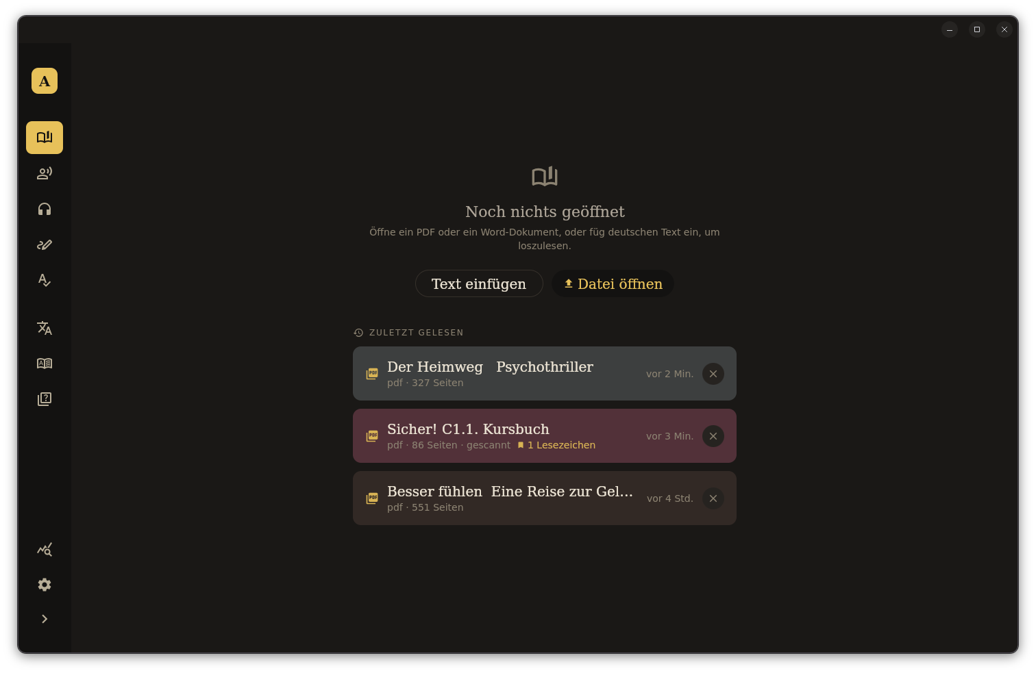 The reading library, listing recently opened PDFs and pasted texts