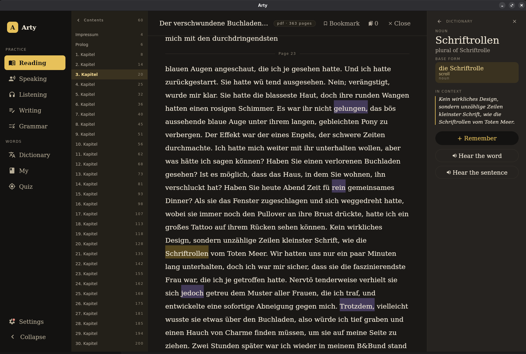 Reading a PDF with the dictionary panel open