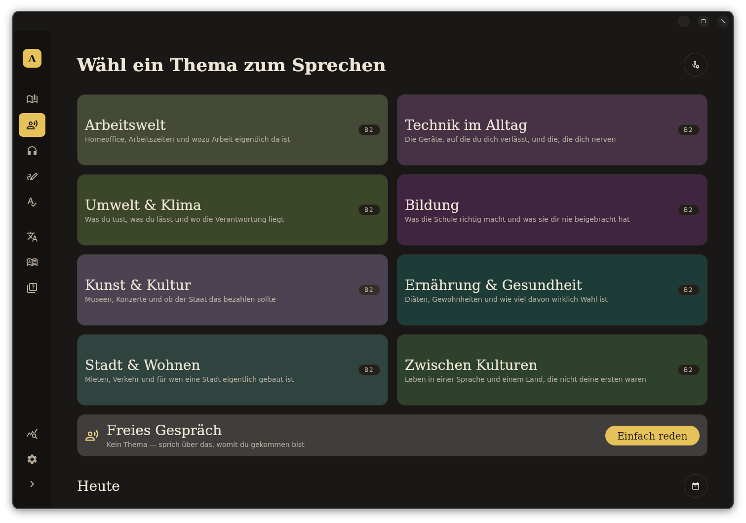 The speaking topics to choose from, each with a line on what it covers, plus free conversation
