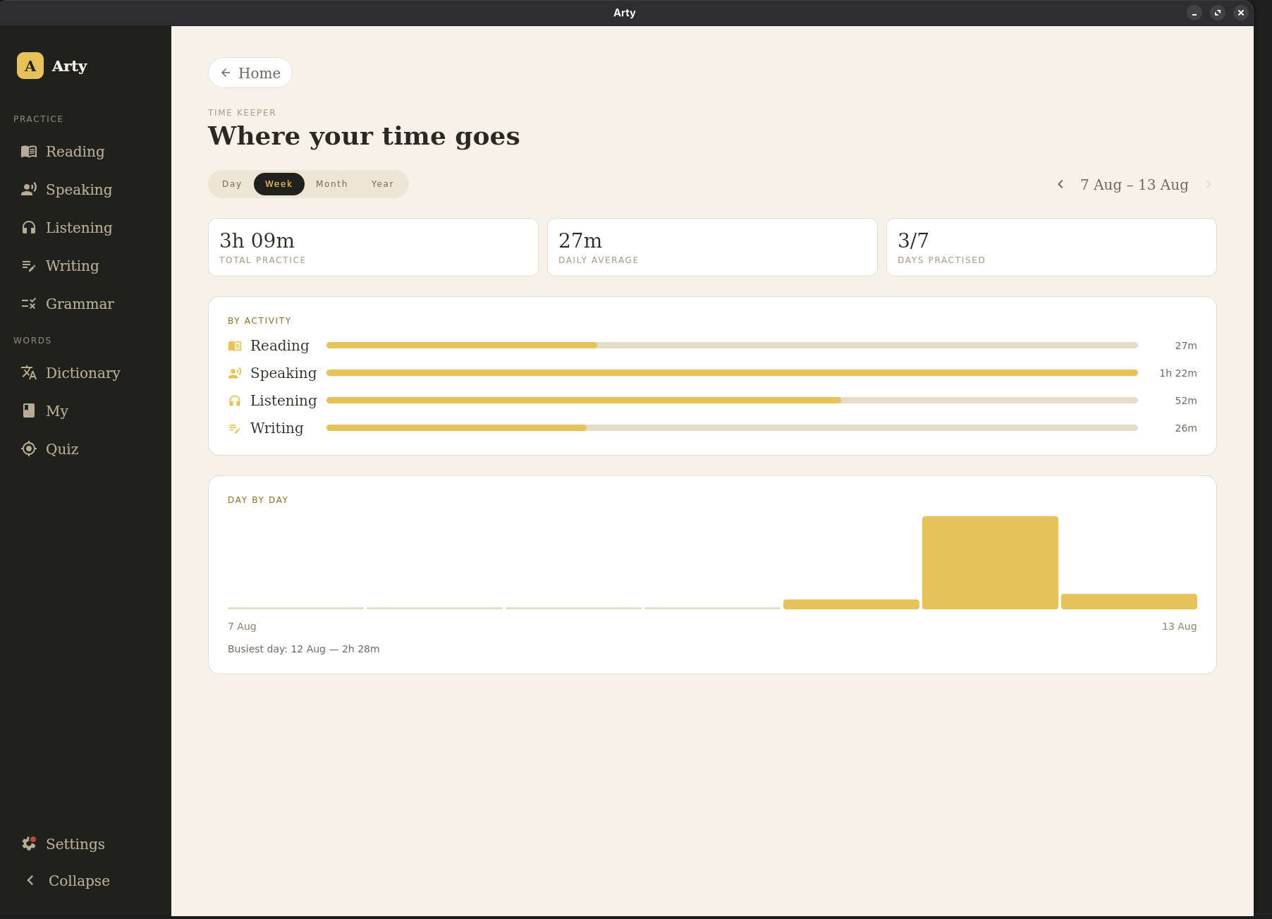 Practice statistics in light mode, with time broken down by activity
