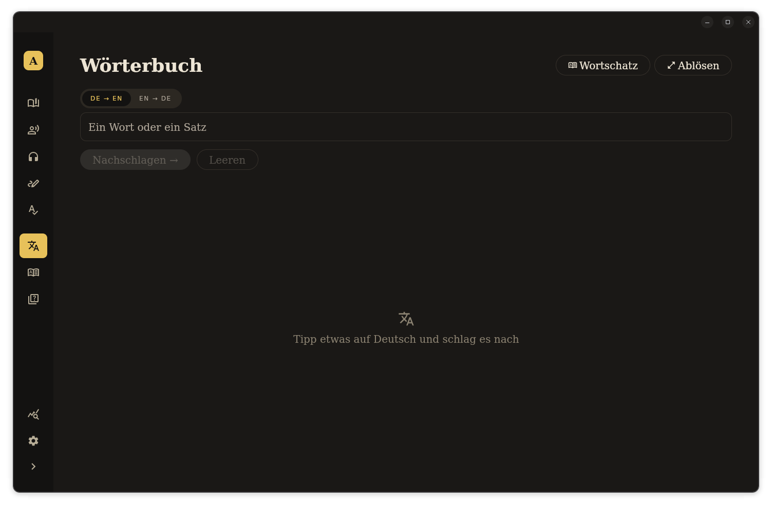 The dictionary, ready to look up a German word or a whole sentence in either direction